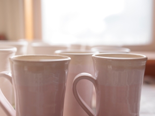 Pink mugs by Suzanne Scott. Photo: Dave Brosha